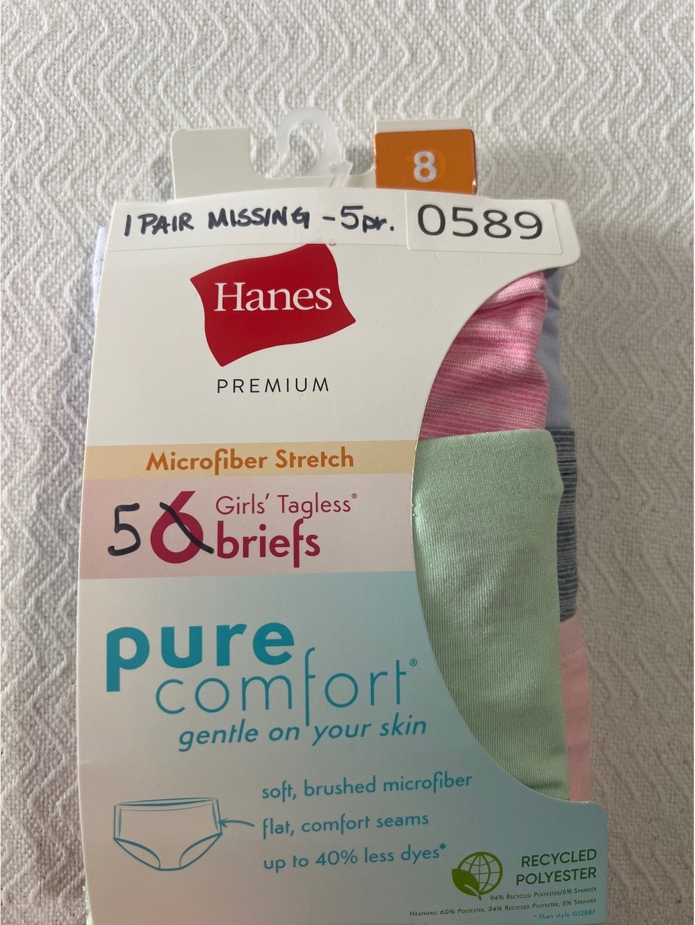 Hanes Premium Girls' Tagless Briefs 5-Pack Size 8 Microfiber Stretch